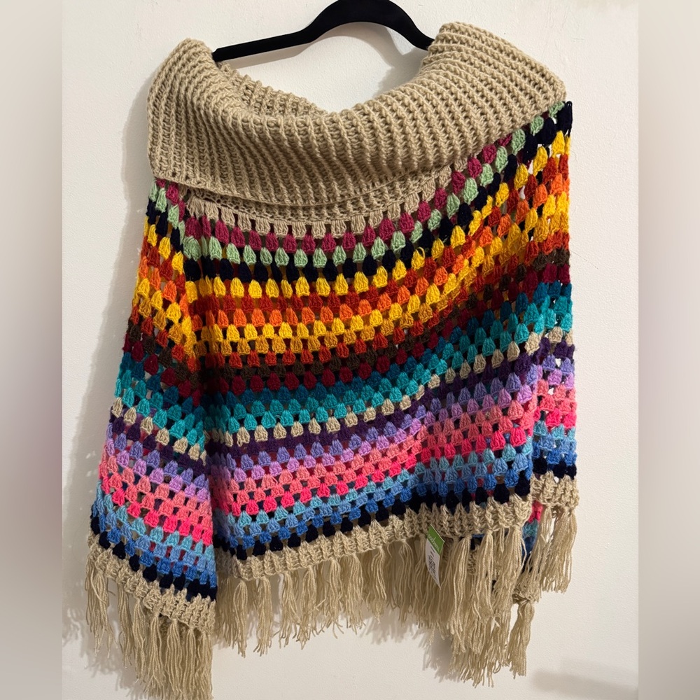 SAACHI Earth To Sky Rainbow Stripe Crochet Turtleneck Poncho | Fringe | One Size - Picture 3 of 7
